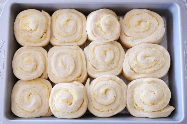 top down view of risen sweet rolls ready to bake