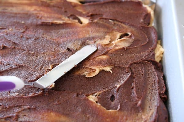 spreading out batter in pan for snickerdoodle brookie bars