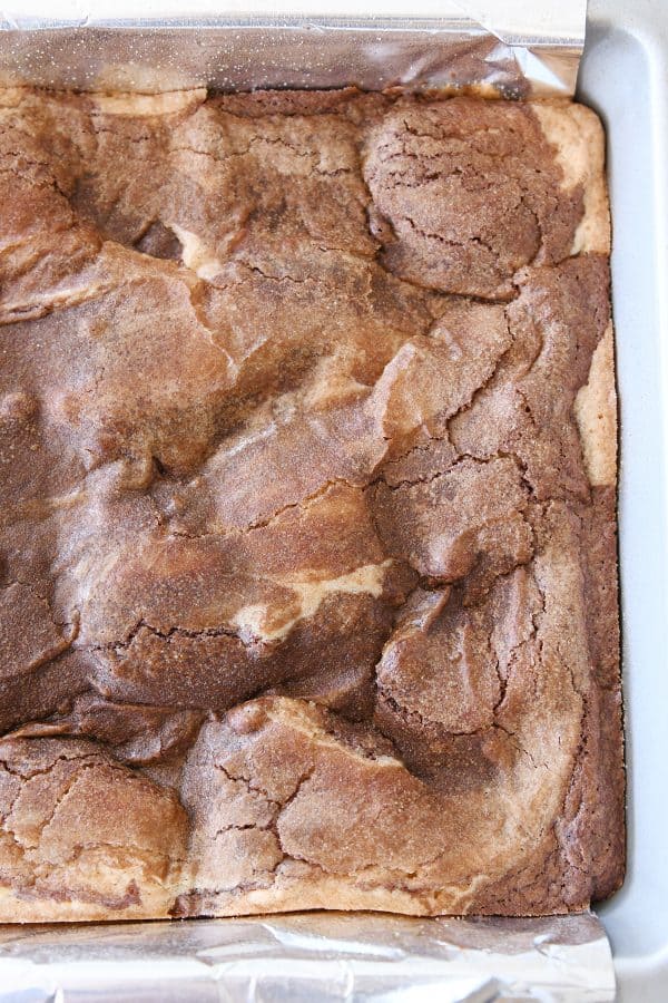 Top down view of baked snickerdoodle brookie bars.