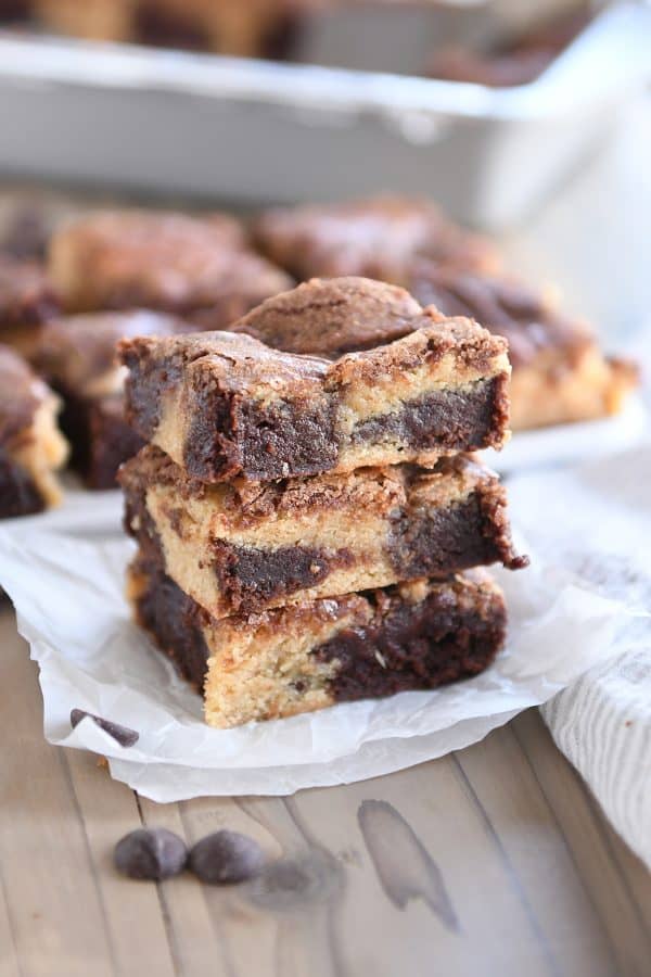 three snickerdoodle brookie bars stacked on top of each other