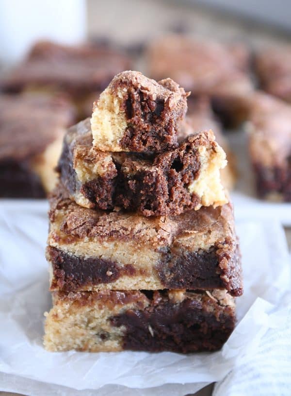 Snickerdoodle brookie bar broken in half.