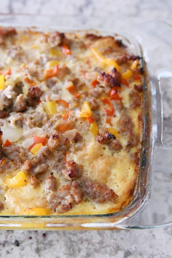 top down view of tater tot casserole used for easy freezer breakfast burritos