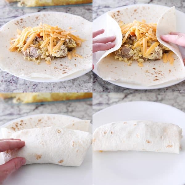Rolling up easy freezer breakfast burritos.