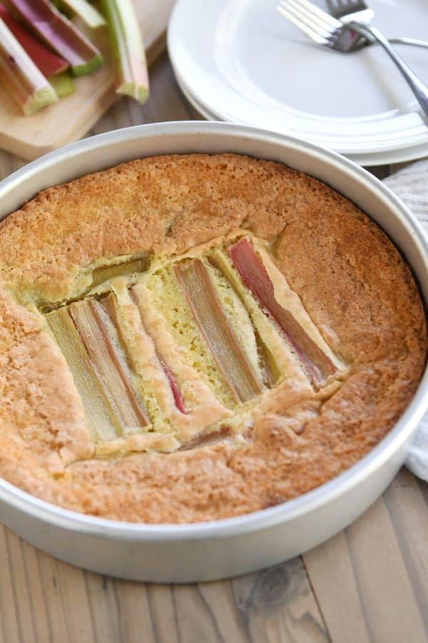 baked rhubarb custard cake in 9-inch pan