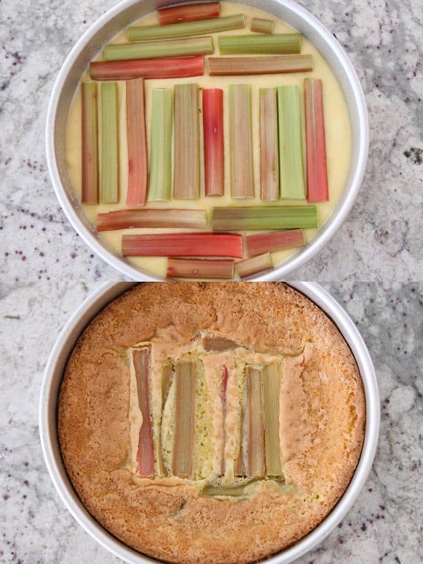 baked and unbaked rhubarb custard cake