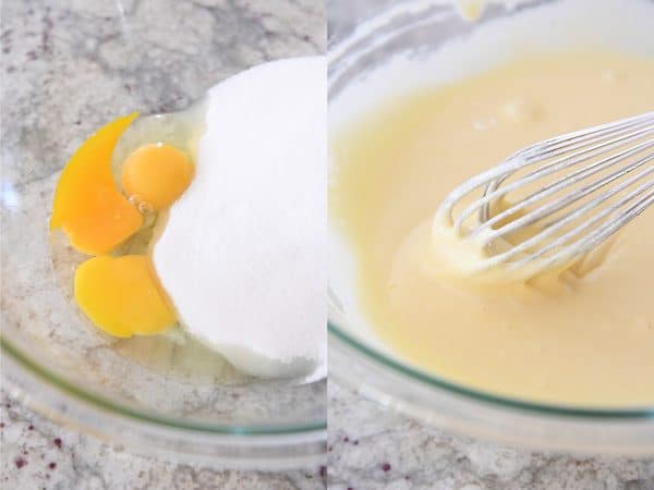 mixing eggs and sugar together in glass bowl