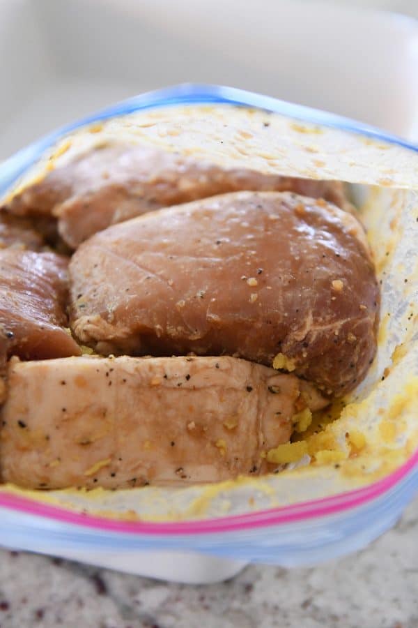 Pork marinating in ziploc bag.