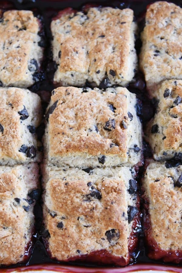 Top down view of baked cherry chocolate cobbler.