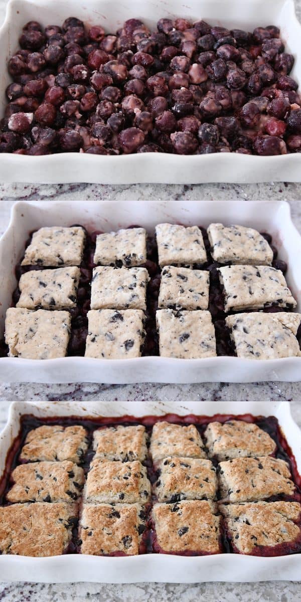 topping cherry chocolate cobbler with biscuit topping