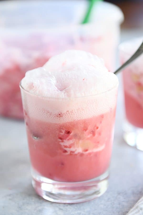 Fruity pink sorbet in glass with ginger ale.