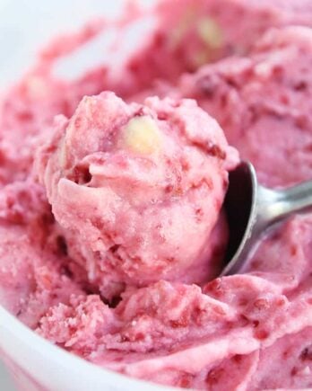 scooping out pink sorbet with ice cream sorbet