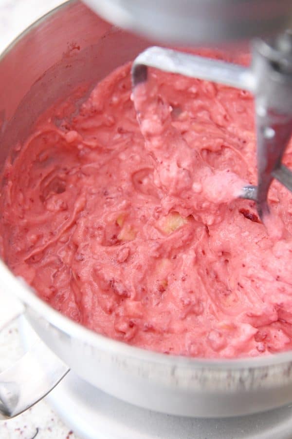 Mixed pink sorbet in kitchen aid mixer.