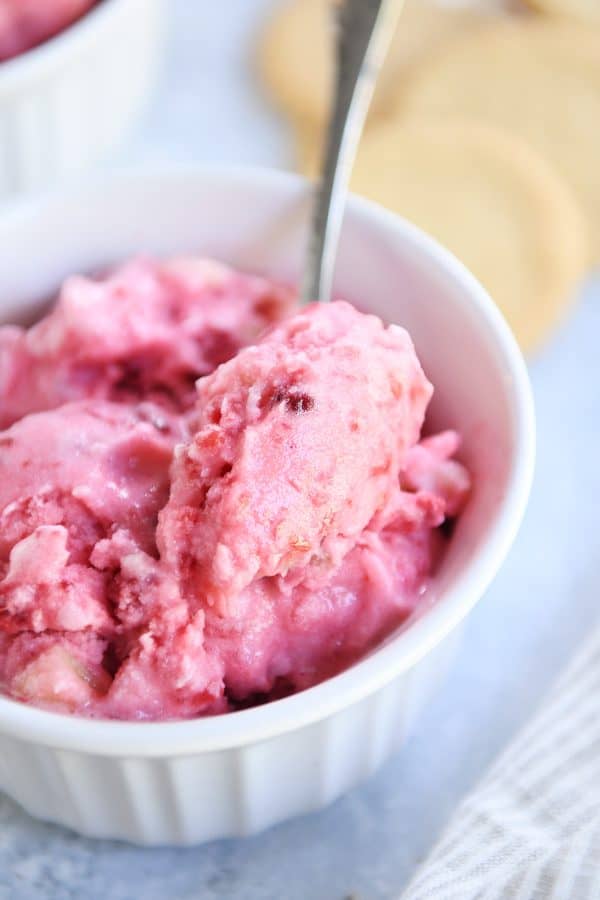 spoon in frozen soft pink sorbet in white dish