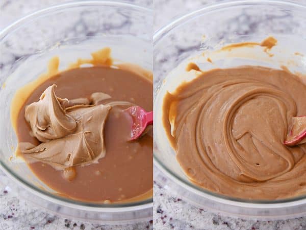 Mixing peanut butter into soft caramel.