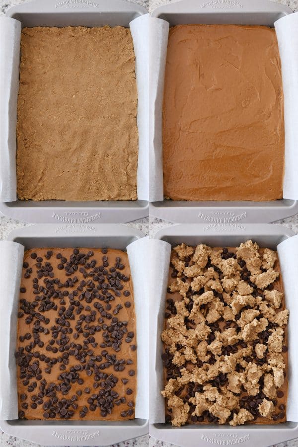 side by side layering pans of cookie bar ingredients: crust, caramel, chocolate chips, more crust