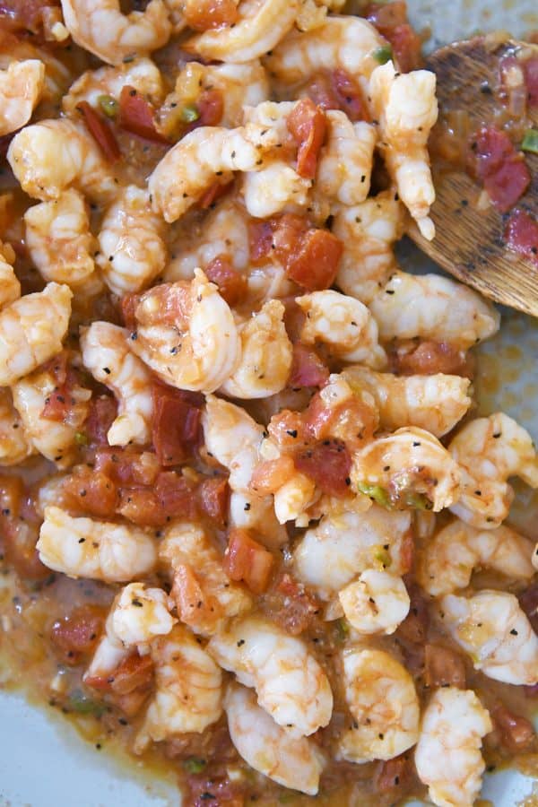 shrimp and tomato mixture for tacos in skillet