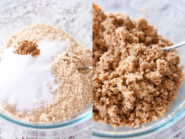 Mixing up ingredients for graham cracker crust in glass bowl.