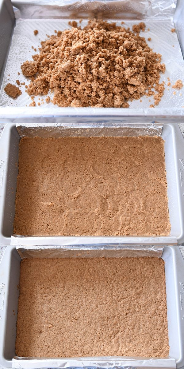 Pressing graham cracker crust into 9X13-inch pan and baking.