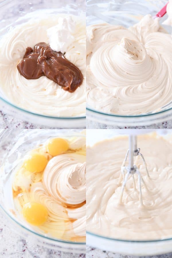 Mixing dulce de leche cheesecake batter in glass bowl.