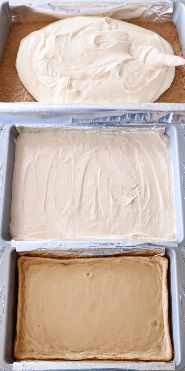 Graham cracker crust getting covered with cheesecake batter.