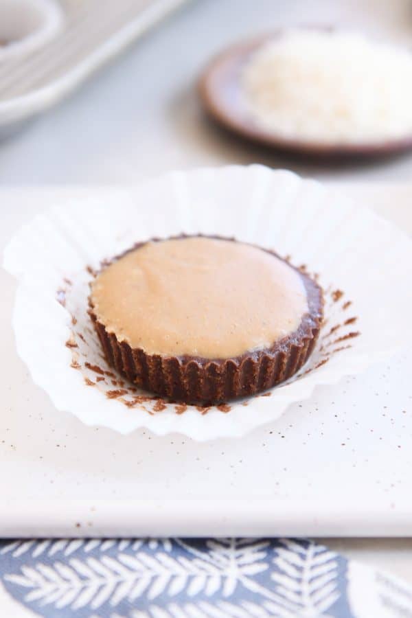 One unwrapped no-bake peanut butter cup unwrapped.