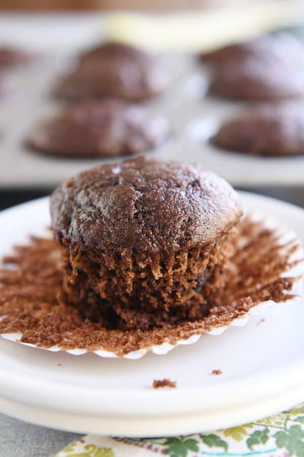 Unwrapped double chocolate zucchini muffin.