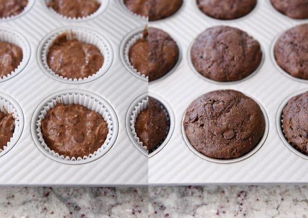 side by side of unbaked and baked zucchini muffins