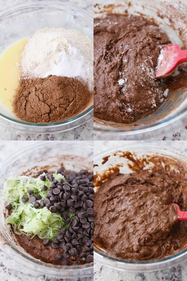 Batter ingredients in glass bowl for chocolate zucchini muffins.