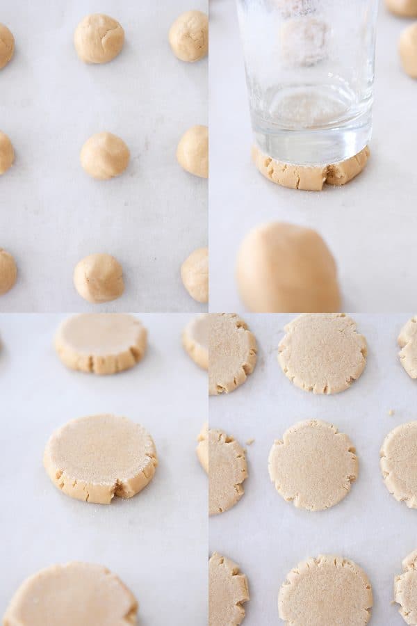 rolling, pressing and baking sugar crusted soft peanut butter sugar cookies
