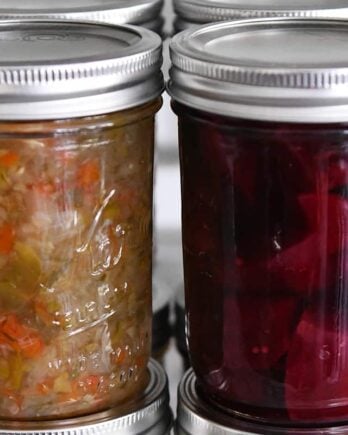 jar of pickled relish next to jar of pickled beets