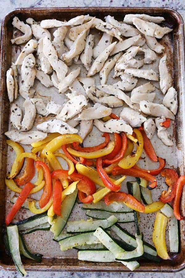 Roasted veggies and chicken on sheet pan.