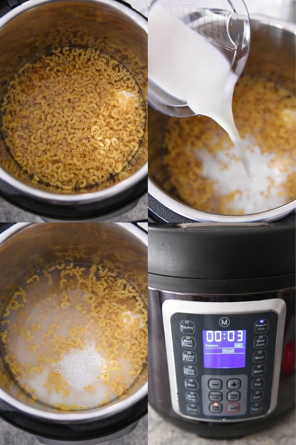 adding milk to pressure cooker with macaroni and setting cook time for three minutes