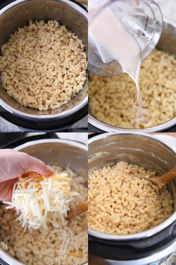 adding milk and cheese to pressure cooker mac and cheese