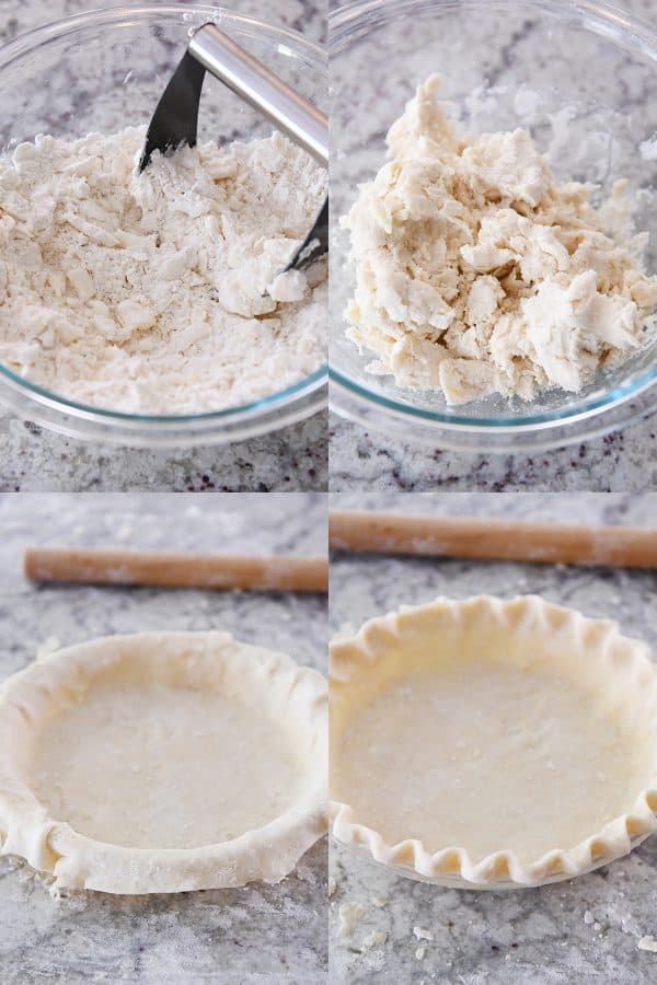 process shots of mixing pie crust and rolling it into pie plate with fluted edges