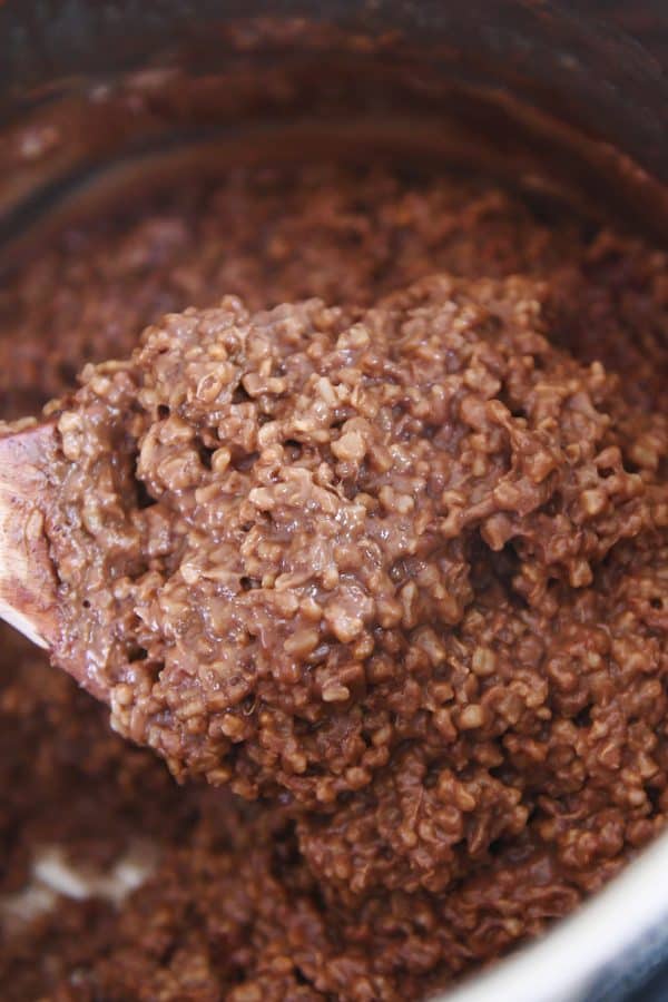 Scooping double chocolate steel cut oats out of instant pot.