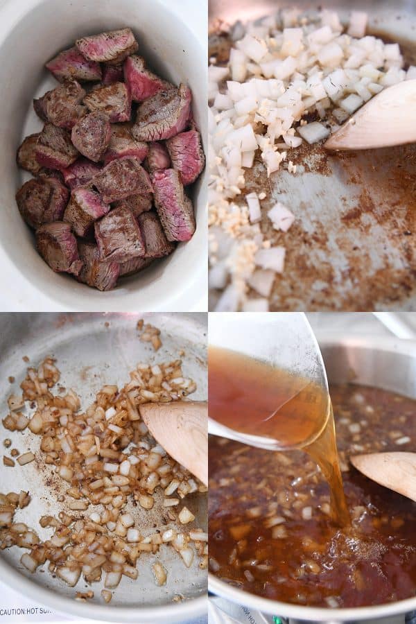 Scraping up brown bits in skillet to cook onions and add beef broth.