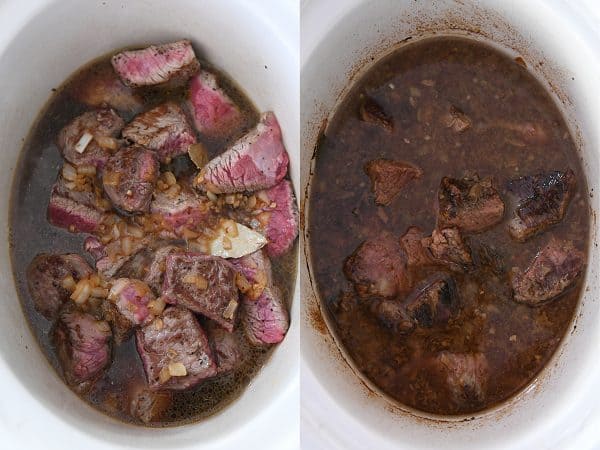 Uncooked beef in slow cooker and cooked beef in slow cooker.