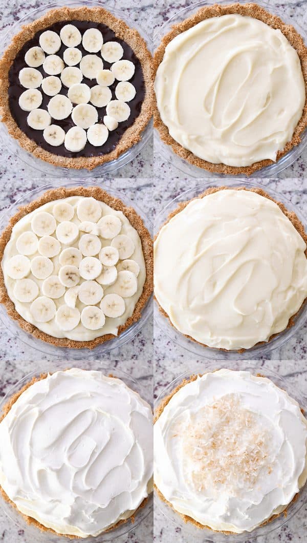 assembly of banana coconut cream pie with bananas on chocolate layer, vanilla pudding, whipped cream and coconut