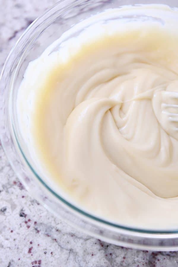 glass bowl filled with homemade vanilla pudding for pie filling