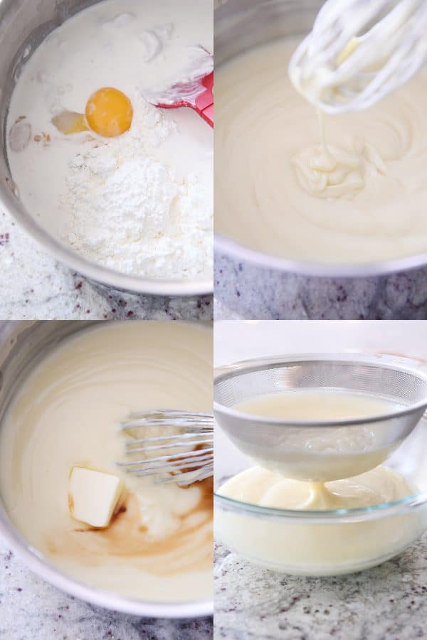 Making homemade vanilla pudding on stovetop.