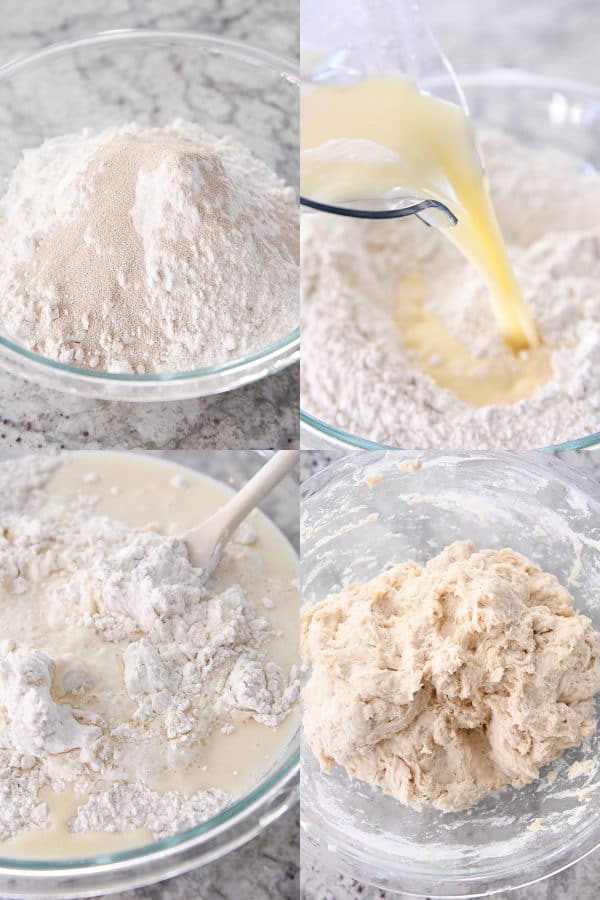 Flour and yeast in glass bowl, pouring water and butter over flour, mixing ingredients to form soft dough.