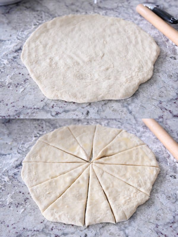 rolling dough into circle and cutting into 8 pieces on floured counter