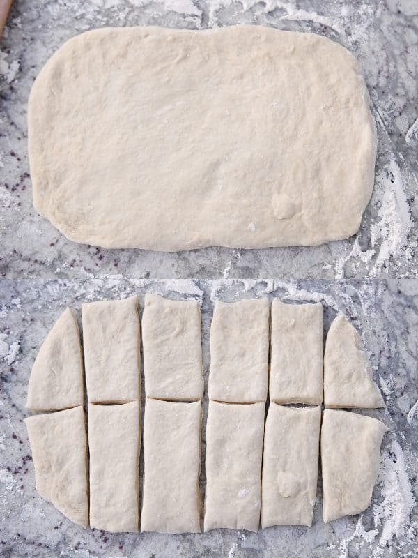 Rolling dough into rectangle and cutting into 12 rectangle pieces.