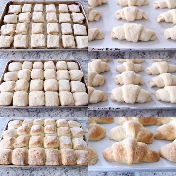 Side by side pictures of square rolls and crescent rolls rising on baking pans and baking until golden brown.