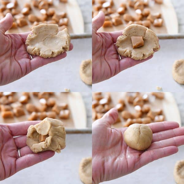Process of rolling up caramel in snickerdoodle dough.