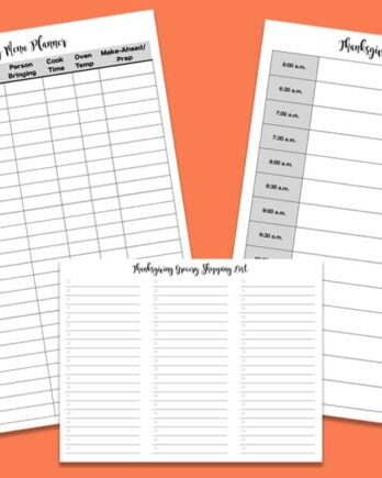 white Thanksgiving menu planners and spreadsheets on orange background