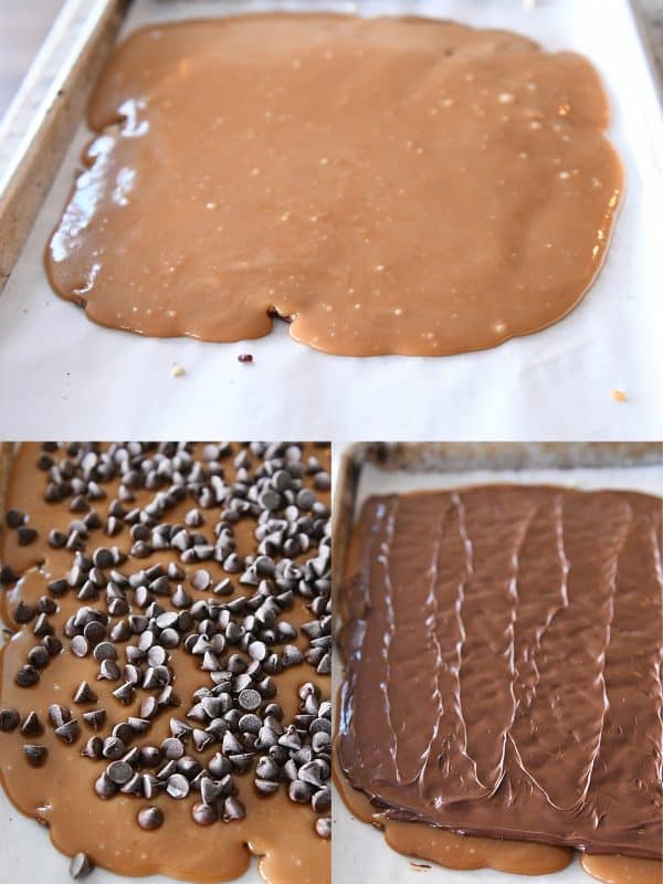 Homemade toffee cooling on parchment lined sheet pan.