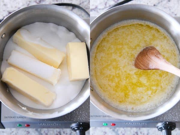 Melting butter and sugar in saucepan.