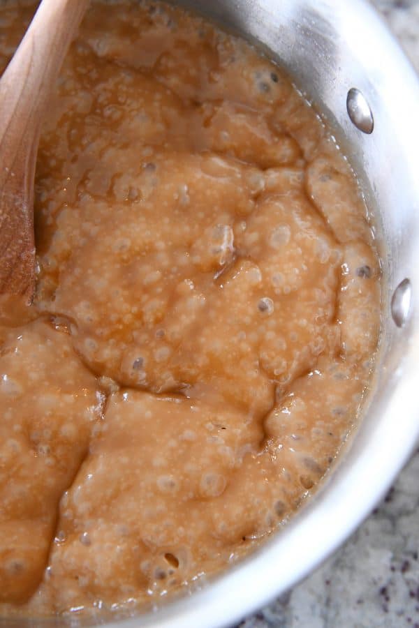 Cooked homemade toffee in stainless saucepan.