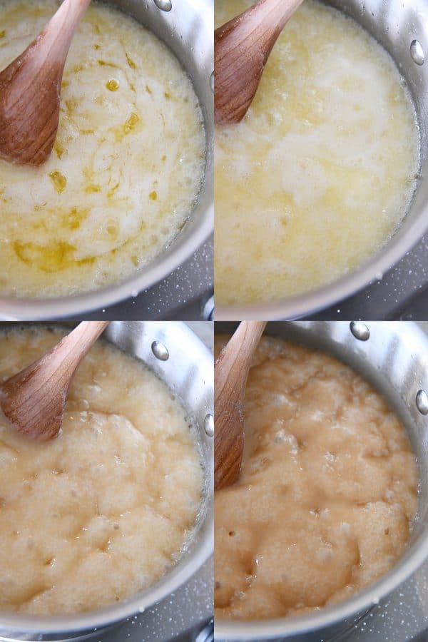 Four stages of cooked homemade toffee.